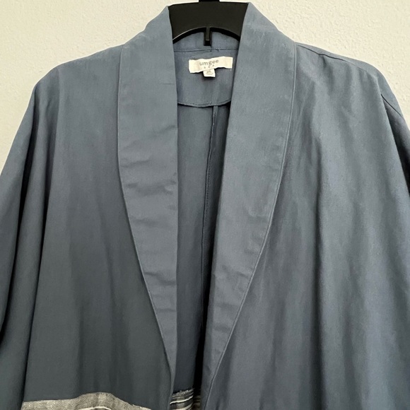 Umgee Boho Blue Kimono Wide Stripe Bottom Natural Fringe Trim Lapel Cardigan M/L - Picture 4 of 8